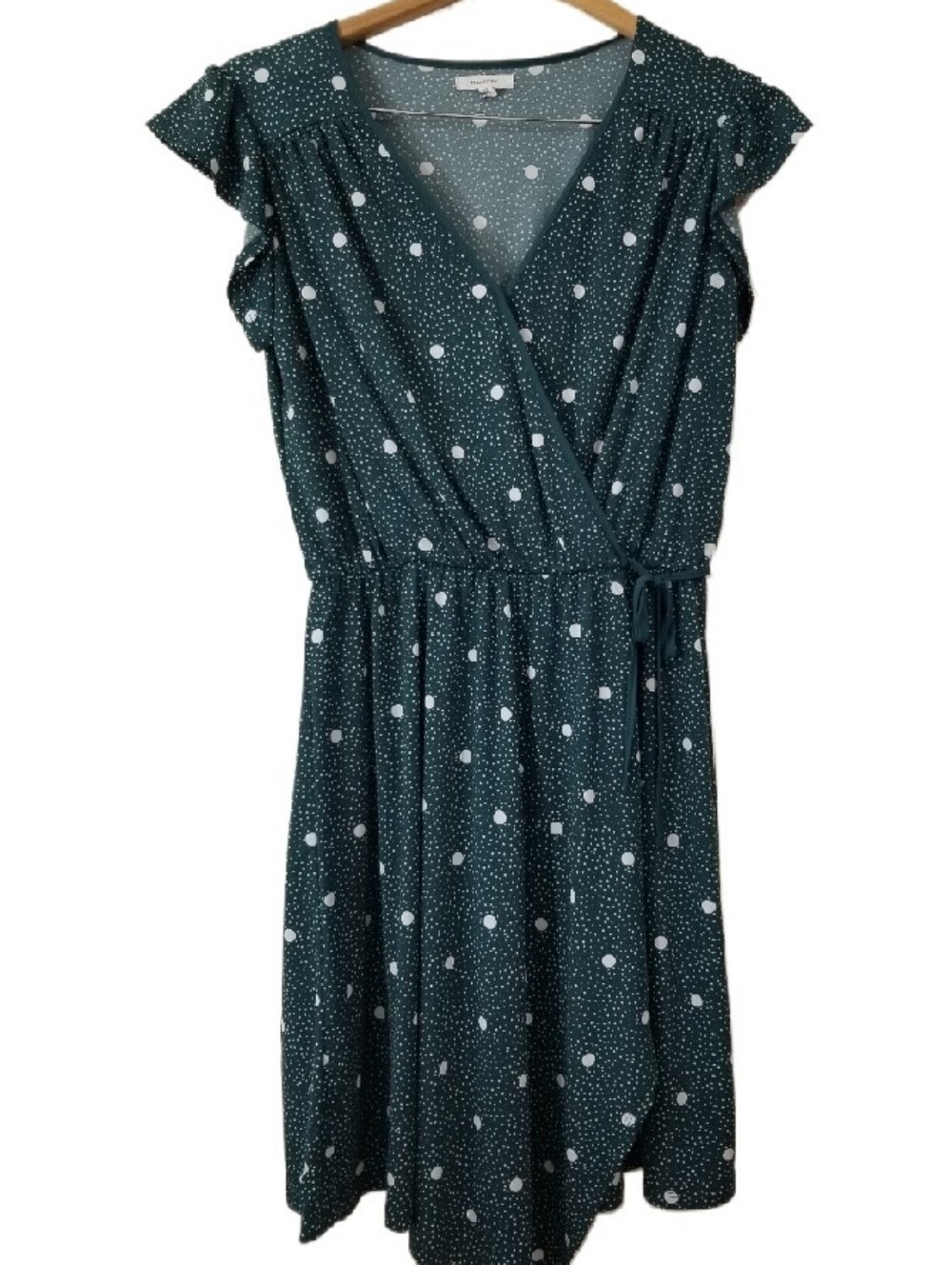 Polka Dot Faux Wrap Midi Green Size Small Dress
